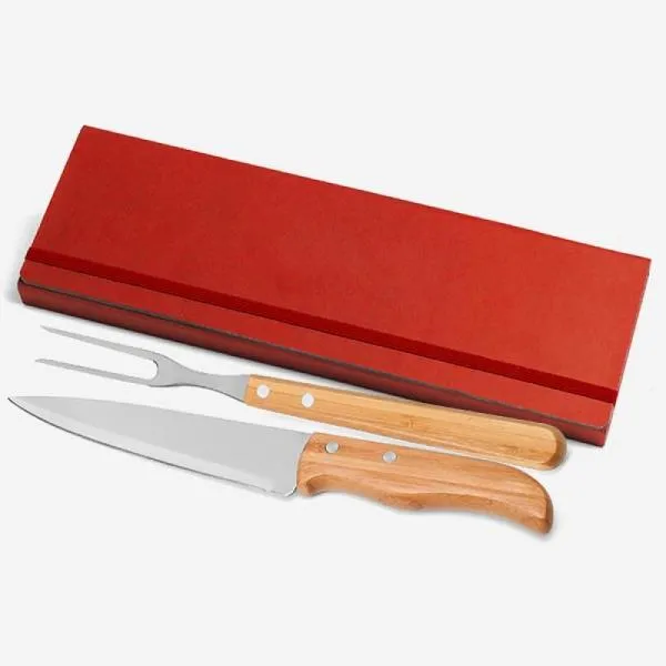 CONJ. DE GARFO E FACA INOX / MADEIRA / BAMBU COM ESTOJO VERMELHO - 3 PÇS