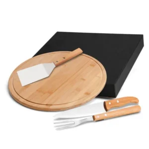 CONJ. PARA CHURRASCO E PIZZA EM BAMBU / MADEIRA / INOX - 35CM - 4 PÇS.