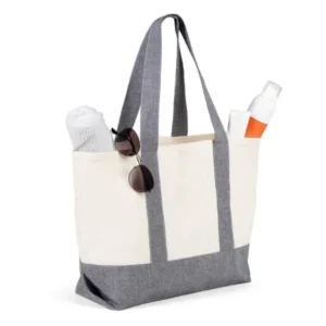 SACOLA EM ALGODÃO RECICLADO NATURAL/MELANGE CINZA - 47,5X31CM