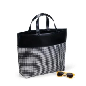 SACOLA DE PRAIA/PIQUENIQUE EM PVC E MATERIAL SINTÉTICO / XADREZ PRATA - 48X33X13 CM
